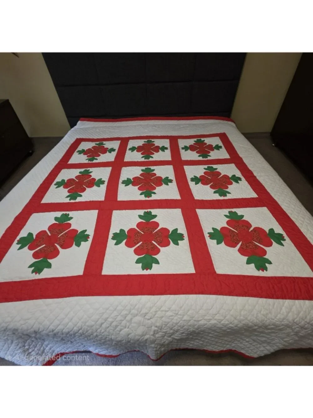 Vintage Handmade Applique Quilt Queen Red Hand Quilted Floral Folk Art Cottage